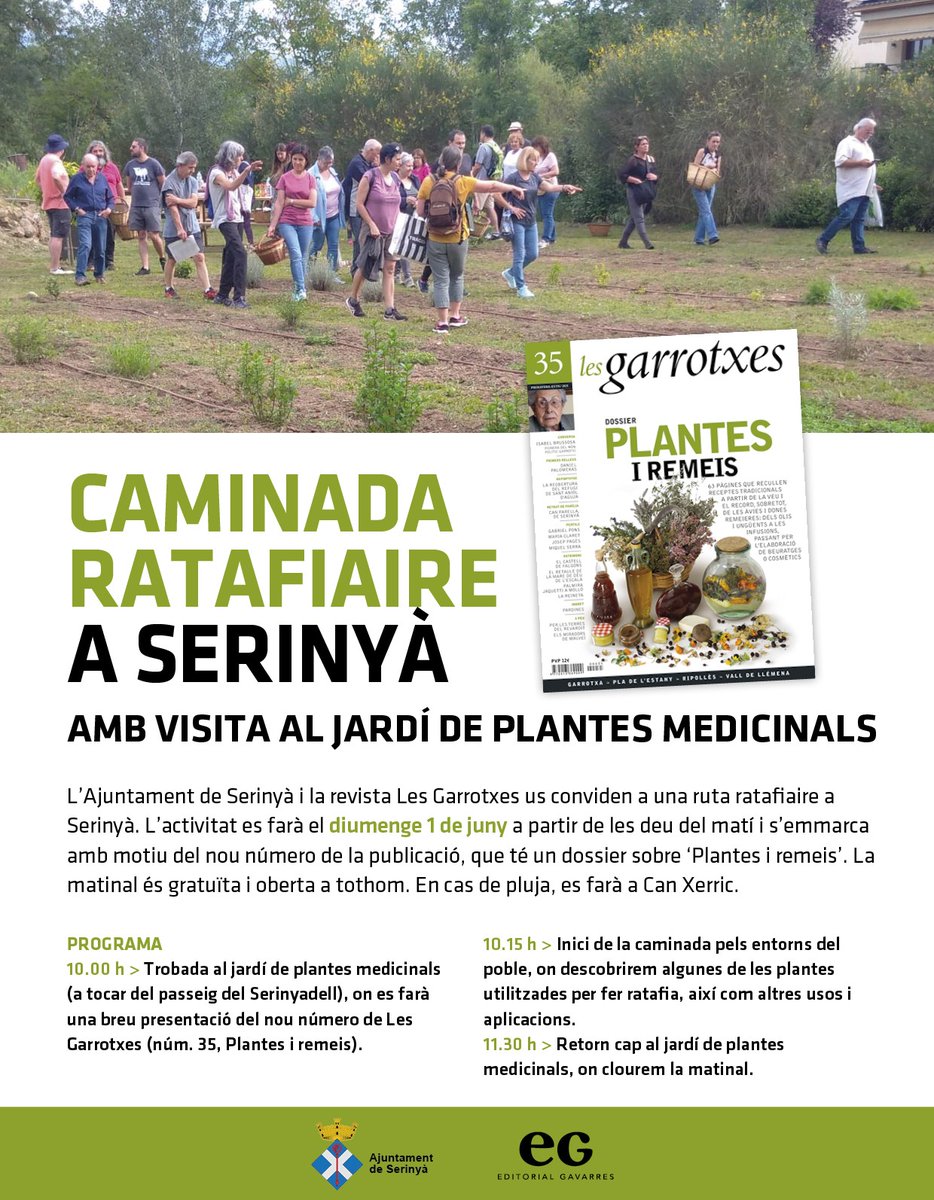 🏵️🌼🌸

Aquest diumenge us convidem a una matinal ratafiaire a Serinyà. A partir de les deu presentarem el nou número i iniciarem una caminada pels entorns del poble, on descobrirem algunes de les plantes utilitzades per fer la ratafia, així com molts altres usos i aplicacions!