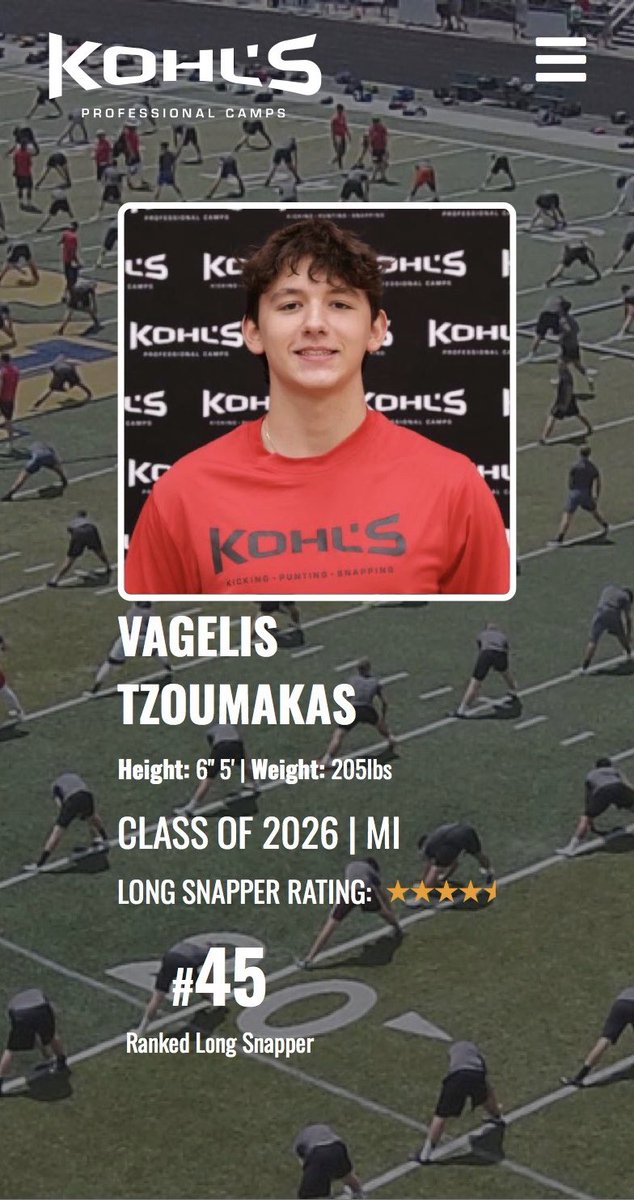 Vagelis Tzoumakas (@vagelisck) on Twitter photo Honored to receive 4.5 ⭐️ and to be ranked #45 in the nation after Kohl’s Midwest Showcase a couple weeks ago! <a href="/UDC_Recruits/">Underdog Recruits + Consulting</a> <a href="/KohlsKicking/">Kohl's Kicking Camps</a> <a href="/CoachMDGreen/">Marcus Dennard Green</a> Honored to receive 4.5 ⭐️ and to be ranked #45 in the nation after Kohl’s Midwest Showcase a couple weeks ago! <a href="/UDC_Recruits/">Underdog Recruits + Consulting</a> <a href="/KohlsKicking/">Kohl's Kicking Camps</a> <a href="/CoachMDGreen/">Marcus Dennard Green</a>
