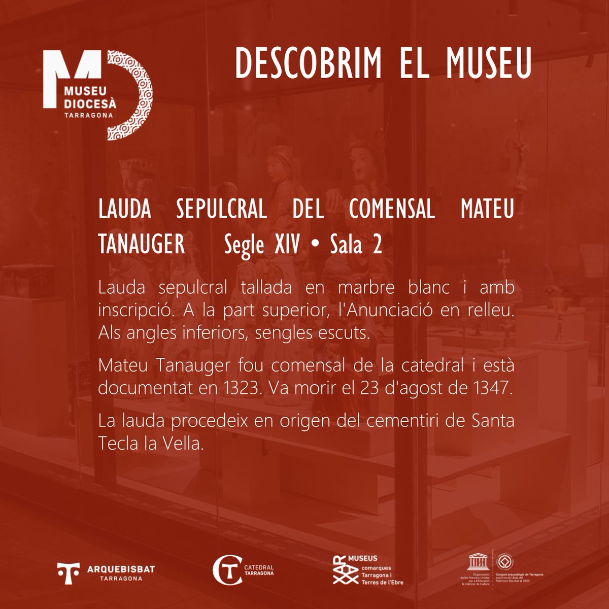 Museu Diocesà de Tarragona (@museudiocesatgn) on Twitter photo 🏛 DESCOBRIM EL MUSEU | Avui us presentem una lauda sepulcral, del segle XIV. La podeu veure a la Sala 2 del MDT.
#DescobrimelMuseuDiocesàTgn #esglésiadetarragona #MDT #museudiocesàtarragona
<a href="/esglesiatgn/">Arquebisbat de Tarragona</a> 🏛 DESCOBRIM EL MUSEU | Avui us presentem una lauda sepulcral, del segle XIV. La podeu veure a la Sala 2 del MDT.
#DescobrimelMuseuDiocesàTgn #esglésiadetarragona #MDT #museudiocesàtarragona
<a href="/esglesiatgn/">Arquebisbat de Tarragona</a>