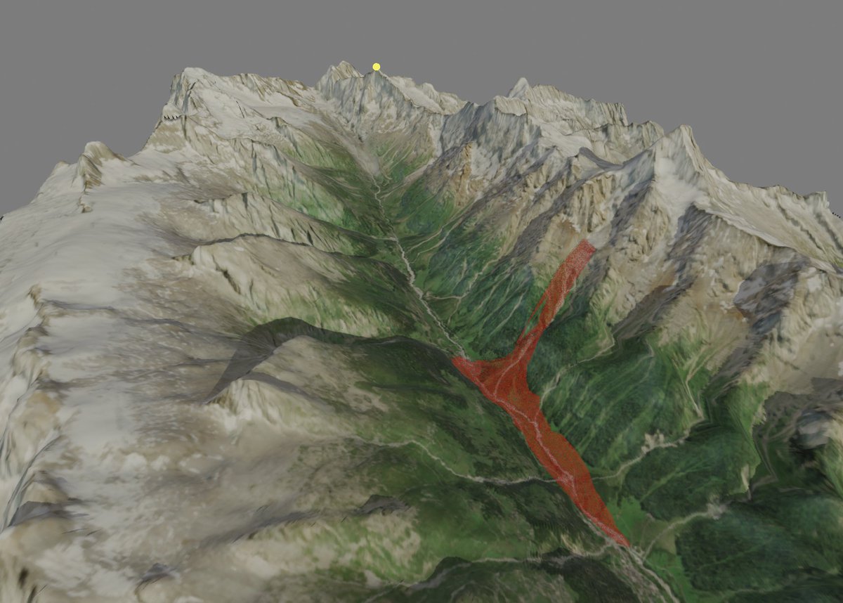 MJ_Cruickshank's tweet image. Made a 3D model of the Lötschental to visualise the catastrophic landslide in Blatten, Switzerland.