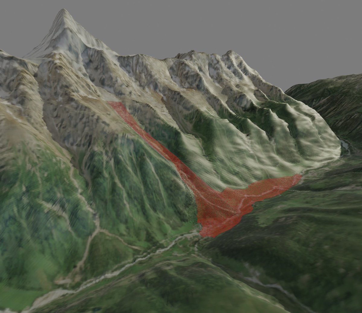MJ_Cruickshank's tweet image. Made a 3D model of the Lötschental to visualise the catastrophic landslide in Blatten, Switzerland.