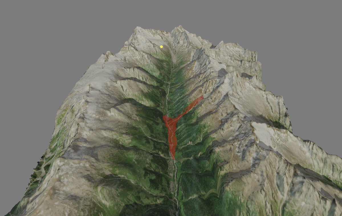 MJ_Cruickshank's tweet image. Made a 3D model of the Lötschental to visualise the catastrophic landslide in Blatten, Switzerland.