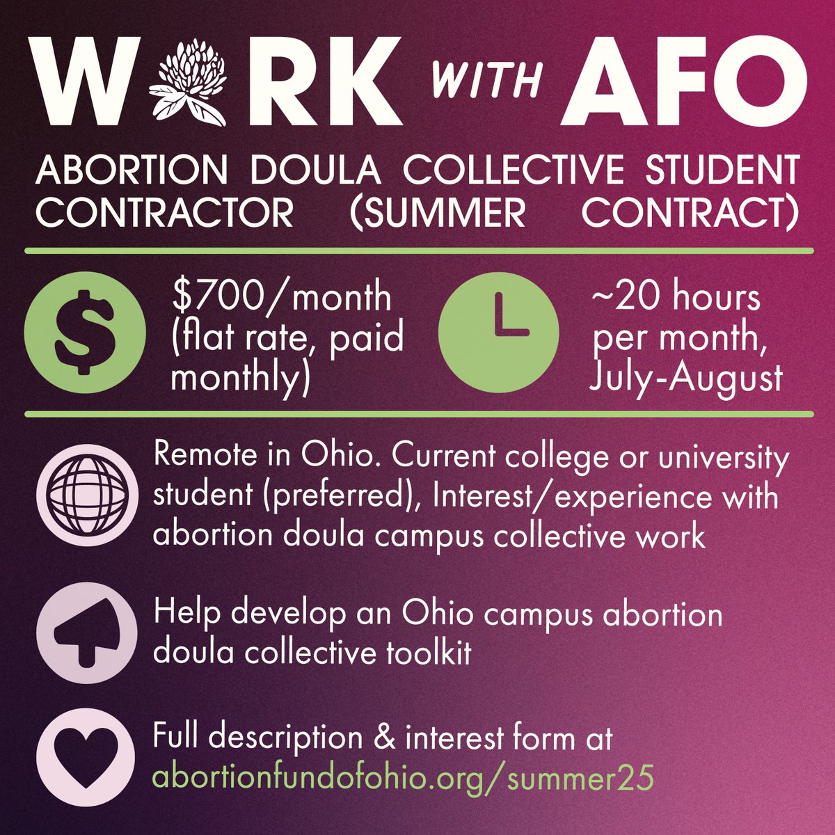 Abortion Fund of Ohio (@abortionfundoh) on Twitter photo Calling all pro-abortion Ohio students!🌟
Are you (or a friend) looking for a meaningful summer project? Help AFO, <a href="/CollectivePwrRJ/">Collective Power for Reproductive Justice</a> & @advocatestweets create an abortion doula toolkit for campuses across the state! Learn more & submit an interest form at abortionfundofohio.org/summer25 Calling all pro-abortion Ohio students!🌟
Are you (or a friend) looking for a meaningful summer project? Help AFO, <a href="/CollectivePwrRJ/">Collective Power for Reproductive Justice</a> & @advocatestweets create an abortion doula toolkit for campuses across the state! Learn more & submit an interest form at abortionfundofohio.org/summer25