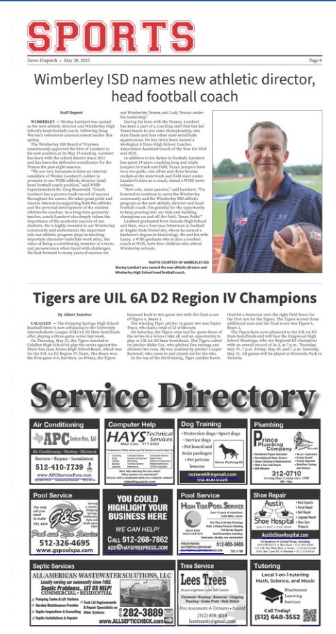 Albert Sanchez-Photographer-Hays Free Press (@ds78737) on Twitter photo Current edition of News Dispatch is online. <a href="/OneTigerNation/">Dripping Springs High School</a> <a href="/DrippingTigers/">Dripping Springs Athletics</a> <a href="/dstigerbaseball/">DSTigerBaseball</a>
<a href="/DSISD/">Dripping Springs ISD</a> <a href="/DripFB/">Dripping Springs HS Football</a> <a href="/DSHSsball/">DS Softball</a> <a href="/WimberleyTexans/">Wimberley Texan Athletics</a>
Sponsored by Martha Olmos, Broker Associate, Realtor with JMG Real Estate Group - Dripping Springs and Belterra Resident
512 669 3513 Current edition of News Dispatch is online. <a href="/OneTigerNation/">Dripping Springs High School</a> <a href="/DrippingTigers/">Dripping Springs Athletics</a> <a href="/dstigerbaseball/">DSTigerBaseball</a>
<a href="/DSISD/">Dripping Springs ISD</a> <a href="/DripFB/">Dripping Springs HS Football</a> <a href="/DSHSsball/">DS Softball</a> <a href="/WimberleyTexans/">Wimberley Texan Athletics</a>
Sponsored by Martha Olmos, Broker Associate, Realtor with JMG Real Estate Group - Dripping Springs and Belterra Resident
512 669 3513
