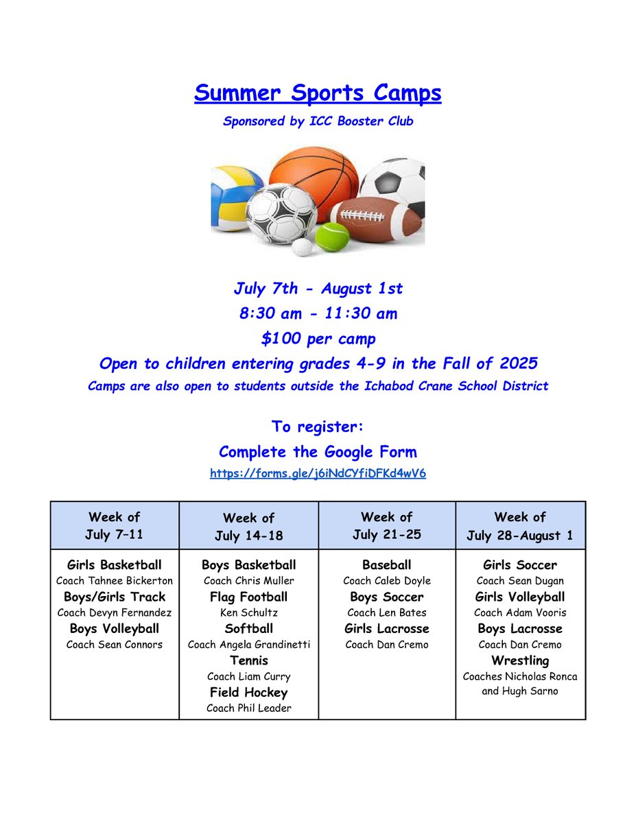 Looking for Summer Sports Camps?
Ichabod Crane Booster Club Camp Registration is Open: forms.gle/j6iNdCYfiDFKd4…

<a href="/IC_Riders/">Ichabod Crane Riders</a> <a href="/MH_Athletics/">Maple Hill Wildcats</a> <a href="/HudsonCSD/">Hudson City School District</a> <a href="/ChathamCSD/">ChathamCSD</a> <a href="/taconichills/">Taconic Hills CSD</a> <a href="/IchabodCraneCSD/">Ichabod Crane CSD</a> <a href="/section2hoop/">Section2hoop</a>