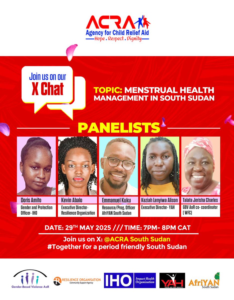 🩸Join us TODAY on X Chat with @ACRASouthSudan!
📢 Topic: Menstrual Health Management in South Sudan
🕒 Time: [Insert Time]
📍 #TogetherForAPeriodFriendlySouthSudan

Let’s break stigma &amp; promote dignity. Your voice matters! <a href="/UNFPASouthSudan/">UNFPA South Sudan</a>