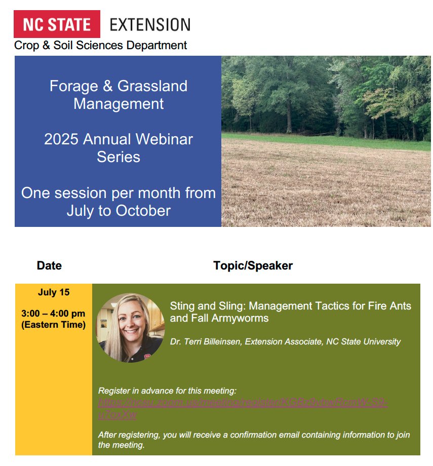 Save the Date - Annual Forage Webinar Series. 1 of 4: July 15. To register 👉ncsu.zoom.us/meeting/regist… <a href="/CropAndSoil/">NC State Crop & Soil Sciences</a> <a href="/NCExtension/">NC State Extension</a> <a href="/foragesncsu/">NC State Forage & Grassland Management</a>