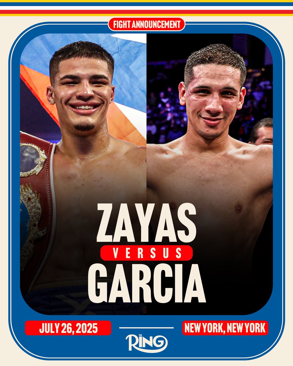 🥊 Announced: Xander Zayas will face Jorge Garcia Perez for the vacant WBO super-welterweight world title in New York City on July 26th.

Ring Ambassador Bruce Carrington will also fight Mateus Heita for the WBC ‘interim’ featherweight belt in the co-feature.