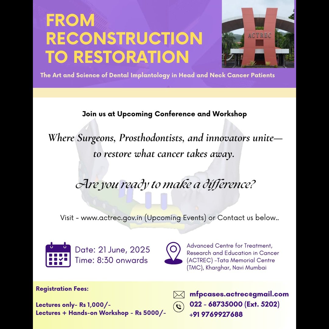 ACTREC-TMC (@actrec_tmc) on Twitter photo Head & neck reconstruction is not only about replacing what’s lost; it’s about precision, function & quality of life
Join "From Reconstruction to Restoration", Conference & workshop on dental implantology in head & neck cancer
📌<a href="/ACTREC_TMC/">ACTREC-TMC</a>
📅 21.6.25
🔗 tinyurl.com/yacxxtpz Head & neck reconstruction is not only about replacing what’s lost; it’s about precision, function & quality of life
Join "From Reconstruction to Restoration", Conference & workshop on dental implantology in head & neck cancer
📌<a href="/ACTREC_TMC/">ACTREC-TMC</a>
📅 21.6.25
🔗 tinyurl.com/yacxxtpz