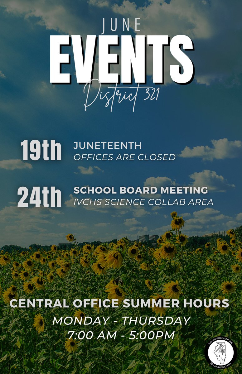HAPPY SUMMER!😎

Our District office and school offices will be closed on June 19th in observation of Juneteenth.

🖥️ivcschools.com
🤳District Office: 309-245-3978