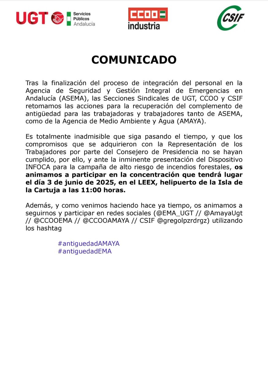 Ante la falta de avances #AntiguedadAMAYA #antiguedadEMA retomamos las movilizaciones en <a href="/AndaluciaAMAyA/">AMAyA</a> y <a href="/Plan_INFOCA/">EMA INFOCA</a>