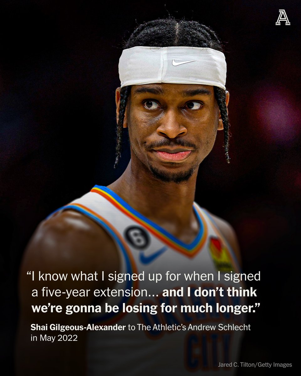 TheAthletic's tweet photo. Back in 2022, Shai Gilgeous-Alexander explained that he wanted to win — in Oklahoma City.

He knew brighter days were ahead for the Thunder 🌩️

H/T @AndrewKSchlecht https://t.co/3H1pLZcqV9