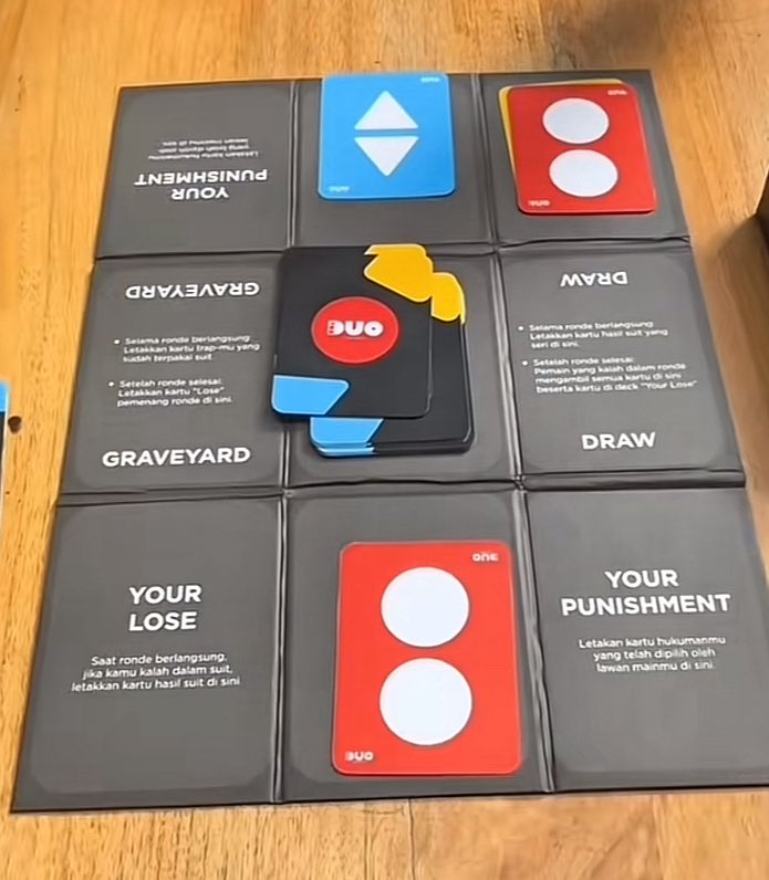 Card game favorit gue yang menurut gue underrated, namanya Duo. Dia kombinasi dari Truth or Dare, Uno sama game suit gitu

Jadi konsepnya kita main suit tapi bentuknya card game gitu &amp; arenanya mirip Yu-gi-Oh 

Baru kali ini main suit teriak-teriak sendiri di coffeeshop wkwk