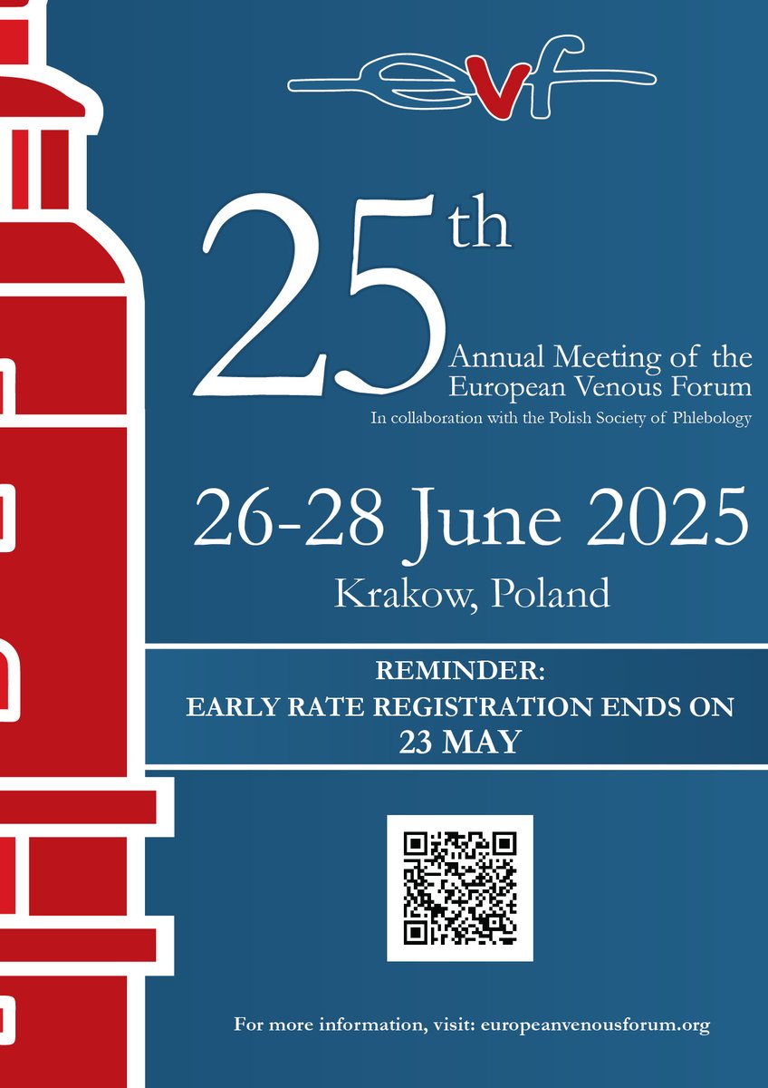 4 Weeks to the 25th Annual EVF Meeting in Krakow, Poland;  with The Polish Society of Phlebology,  26-28 June 2025.
EVF would like to thank all our Exhibitors and Sponsors who are supporting us for 2025.

Scientific Programme: europeanvenousforum.org/index.php/scie…
QR code to Register: