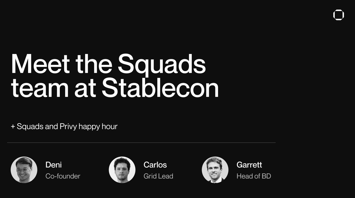 Squads (@squadsprotocol) on Twitter photo Meet the Squads team at <a href="/thestablecon/">stablecon</a>.
Co-founder <a href="/deni_ersht/">Deni - smart/acc</a>, Grid lead <a href="/Carlos_0x/">Carlos Noriega</a>, and head of BD <a href="/GarrettHarper_/">Harp</a> are there to connect and talk building modern finance on stablecoin rails.
Join us tonight for drinks + L'industrie pizza at our happy hour, link below. Meet the Squads team at <a href="/thestablecon/">stablecon</a>.
Co-founder <a href="/deni_ersht/">Deni - smart/acc</a>, Grid lead <a href="/Carlos_0x/">Carlos Noriega</a>, and head of BD <a href="/GarrettHarper_/">Harp</a> are there to connect and talk building modern finance on stablecoin rails.
Join us tonight for drinks + L'industrie pizza at our happy hour, link below.
