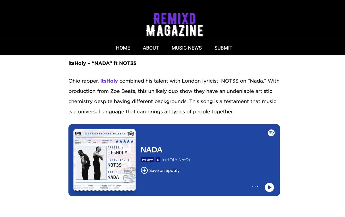☂️ remixdmagazine.com/new-music-frid… 

Ohio rapper, <a href="/itsholymusic/">HOLY BE THY NAME🌎🤲🏽</a> combined his talent with London lyricist, <a href="/Not3sofficial/">Not3s</a> on “Nada” via <a href="/RemixdMag/">RemixdMag</a> cc: <a href="/BankrollTyler/">Tyler 💵💥</a>