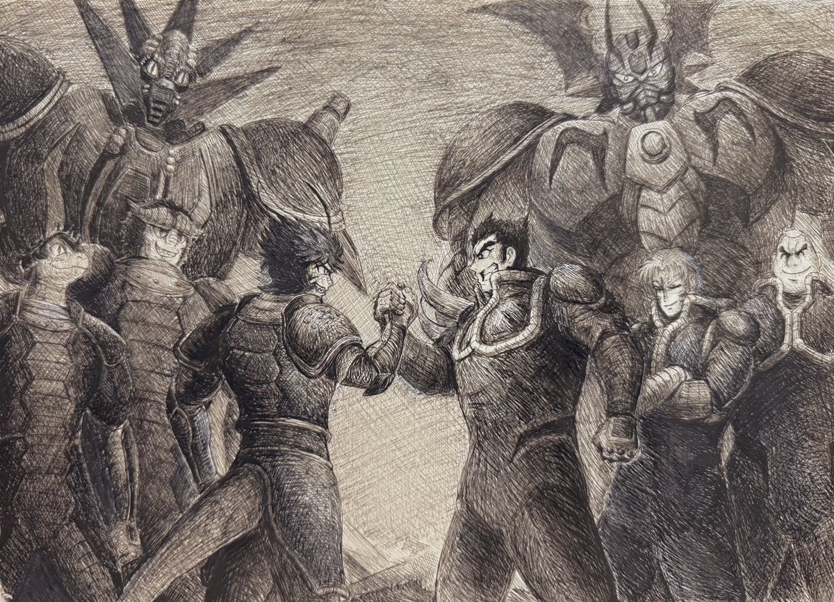 ll2759339's tweet image. I wish I can see them fighting together again 😭
(I will color it on my iPad later 
#ゲッターロボ #GetterRobo #ゲッターロボアーク #ゲッターザウルス #流拓馬 #カムイ・ショウ #山岸獏 #バイス #ガンリュー ＃ゴズロ