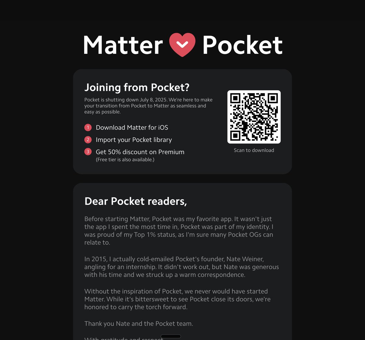 <a href="/kevinrose/">Kevin Rose</a> <a href="/mozilla/">Mozilla</a> <a href="/Pocket/">Pocket</a> Love this spirit and are also doing our part to carry the torch forward (on modern infra, with a clean and stable product) at <a href="/matter/">Matter</a>.

hq.getmatter.com/pocket