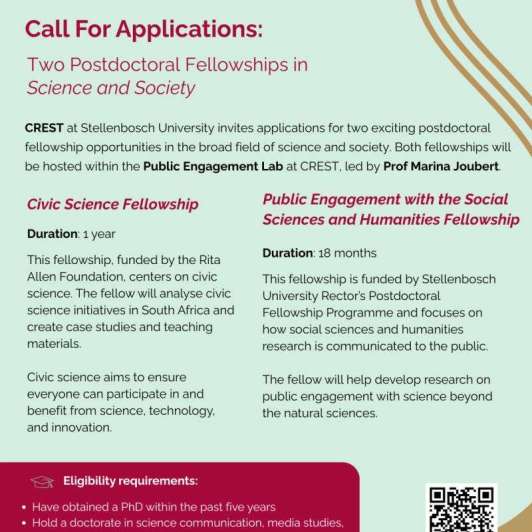 opportunitiesfy's tweet image. Postdoc Alert! CREST at Stellenbosch Univ offers 2 exciting fellowships in science &amp;amp; society: Civic Science

Public Engagement in SSH

Deadline: June 5, 2025

Apply: wp.me/p23f03-eJh

#Postdoc #ScienceCommunication #CivicScience #SSH
