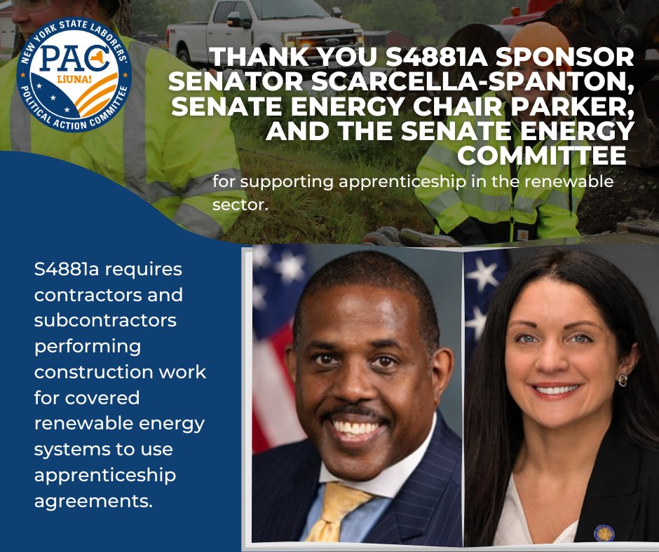 New York State Laborers' Tri-Funds (@nystrifunds) on Twitter photo Thank you to <a href="/NYSenator_JSS/">Senator Jessica Scarcella-Spanton</a> and Senate Energy and Telecommunications Chair <a href="/kevinparkernyc/">Senator Kevin Parker</a> for supporting apprenticeship in the renewable sector!
It's time to make sure the next generation is trained and ready to meet our clean energy goals! ✅👷🏻♂️👷🏾♀️ Thank you to <a href="/NYSenator_JSS/">Senator Jessica Scarcella-Spanton</a> and Senate Energy and Telecommunications Chair <a href="/kevinparkernyc/">Senator Kevin Parker</a> for supporting apprenticeship in the renewable sector!
It's time to make sure the next generation is trained and ready to meet our clean energy goals! ✅👷🏻♂️👷🏾♀️