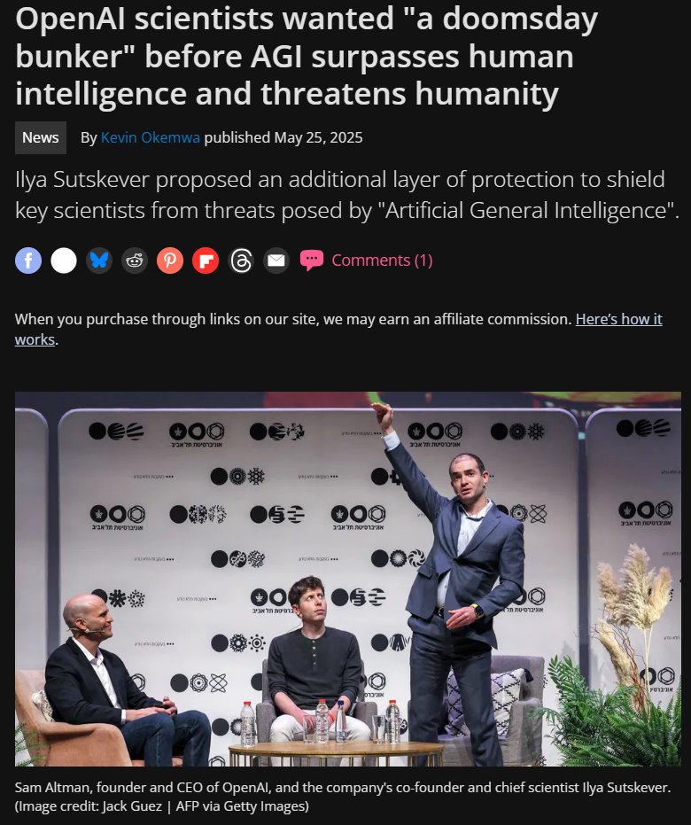 Eyaaaad's tweet photo. علماء في شركة OpenAI مالكة ChatGPT يريدون بناء (مخبأ يوم القيامة) قبل أن يتمكن الذكاء الاصطناعي من تجاوز ذكاء الإنسان ومن ثَمَّ يبيد البشرية بالكامل.

 العالِم (رومان يامبولسكي) من جامعة لويفيل الأمريكية يقول بأن هناك احتمالية بنسبة 99.999999% أن يُنهي الذكاء الاصطناعي البشرية.

يقول العلماء إن الذكاء الاصطناعي لا يستطيع مجاراة ذكاء البشر حالياً، لكن خلال أقل من 10 سنوات سن��ل مرحلة التوازن ونكون نحن والذكاء الاصطناعي بنفس الذكاء، بعد ذلك سيسبقنا بذكاءه وهنا ستحدث الكارثة.
