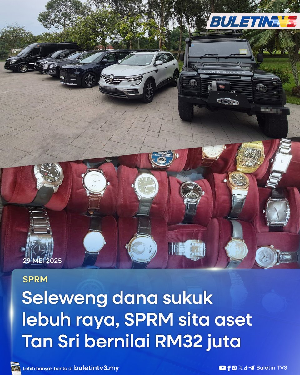 BuletinTV3's tweet photo. SPRM | Pelbagai aset termasuk tas tangan berjenama, barangan kemas, kereta mewah dan wang tunai bernilai RM32 juta disita daripada seorang Tan Sri yang disiasat Suruhanjaya Pencegahan Rasuah Malaysia (SPRM) berkaitan penyelewengan dana sukuk pembinaan lebuh raya di Lembah Klang.

#BuletinTV3 #SPRM #TanSri #selewengdana