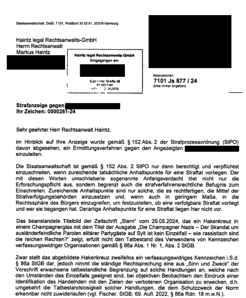 Haintz_MediaLaw's tweet image. Ich reiche hier noch die Einstellungsverfügung der Staatsanwaltschaft Hamburg gegen die Verantwortlichen des Stern nach, die selbstverständlich nicht dafür verfolgt wurden, dass sie in ihrer #Sylt-Berichterstattung ("Deutschland den Deutschen, Ausländer raus") ein Hakenkreuz