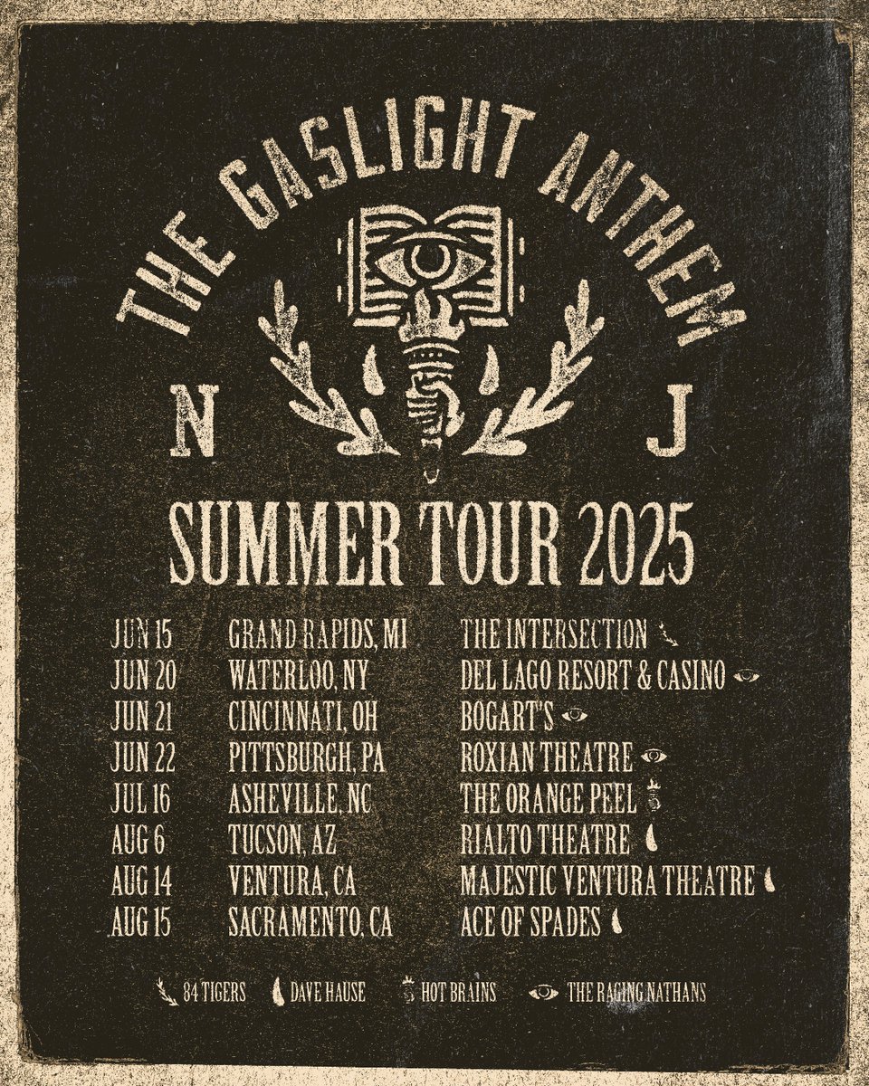 Bringing a few friends out on the road this summer 👋🏻 Say hello to 84 Tigers, The Raging Nathans, Hot Brains + Dave Hause on select dates! Gonna be a good time—grab your tickets: thegaslightanthem.com/tour