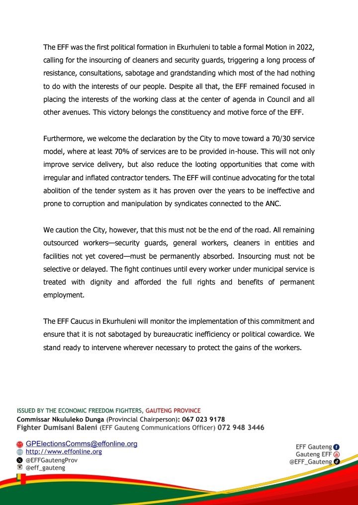 🇿🇦 Apostle Dr D Mekgwe🇹🇼 (@apostledeza) on Twitter photo My 9% Is Doing The Lord’s Work‼️‼️‼️
<a href="/EFFSouthAfrica/">Economic Freedom Fighters</a> Cardinal Pillar No.3 “Building State and Government Capacity which will lead to the abolishment of tenders.”
The <a href="/EFFGautengProv/">EFF Gauteng</a> Welcomes the Insourcing of 700 Cleaners and 290 EMPD Safety and Security Officers in the City My 9% Is Doing The Lord’s Work‼️‼️‼️
<a href="/EFFSouthAfrica/">Economic Freedom Fighters</a> Cardinal Pillar No.3 “Building State and Government Capacity which will lead to the abolishment of tenders.”
The <a href="/EFFGautengProv/">EFF Gauteng</a> Welcomes the Insourcing of 700 Cleaners and 290 EMPD Safety and Security Officers in the City