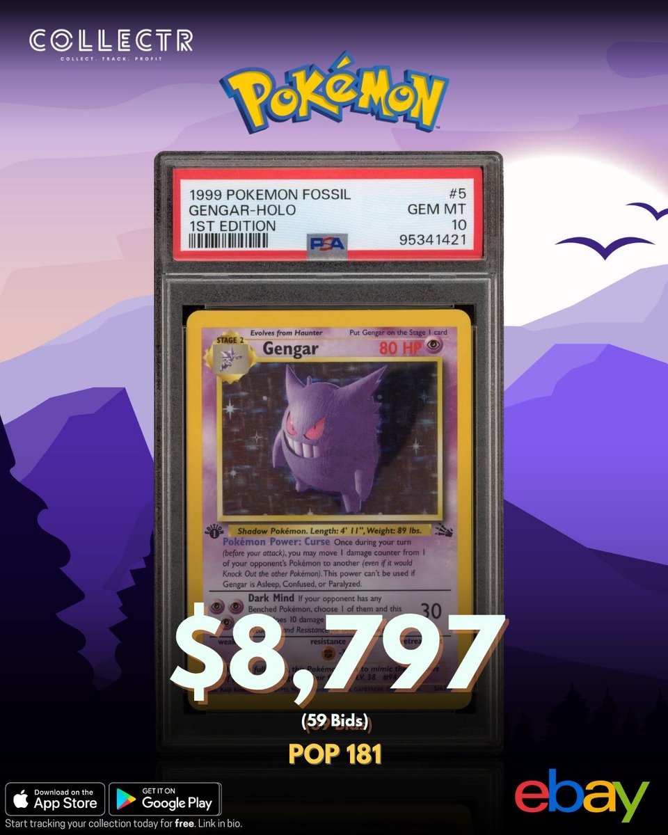 A #PSA 10 1st Edition #Gengar Holo from the #Fossil set just sold in  auction on #eBay for $8,797. This card is a POP 181. #pokemontcg  #collectibles #pokemoncards #pokemoncommunity #pokemoncollector  #PokemonCollection #PokemonCardCollector ...