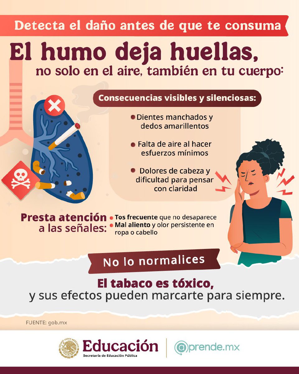 ¿Crees que nadie lo nota cuando fumas?
🔍 El tabaco no habla… pero tu cuerpo sí.

Manchas, tos, mal aliento.
Las señales están ahí, aunque intentes ocultarlas.

😸 #EligeSerFeliz
🚫 #AléjateDeLasDrogas

👉 Descubre más en: amx.la/OrientacionesP…
