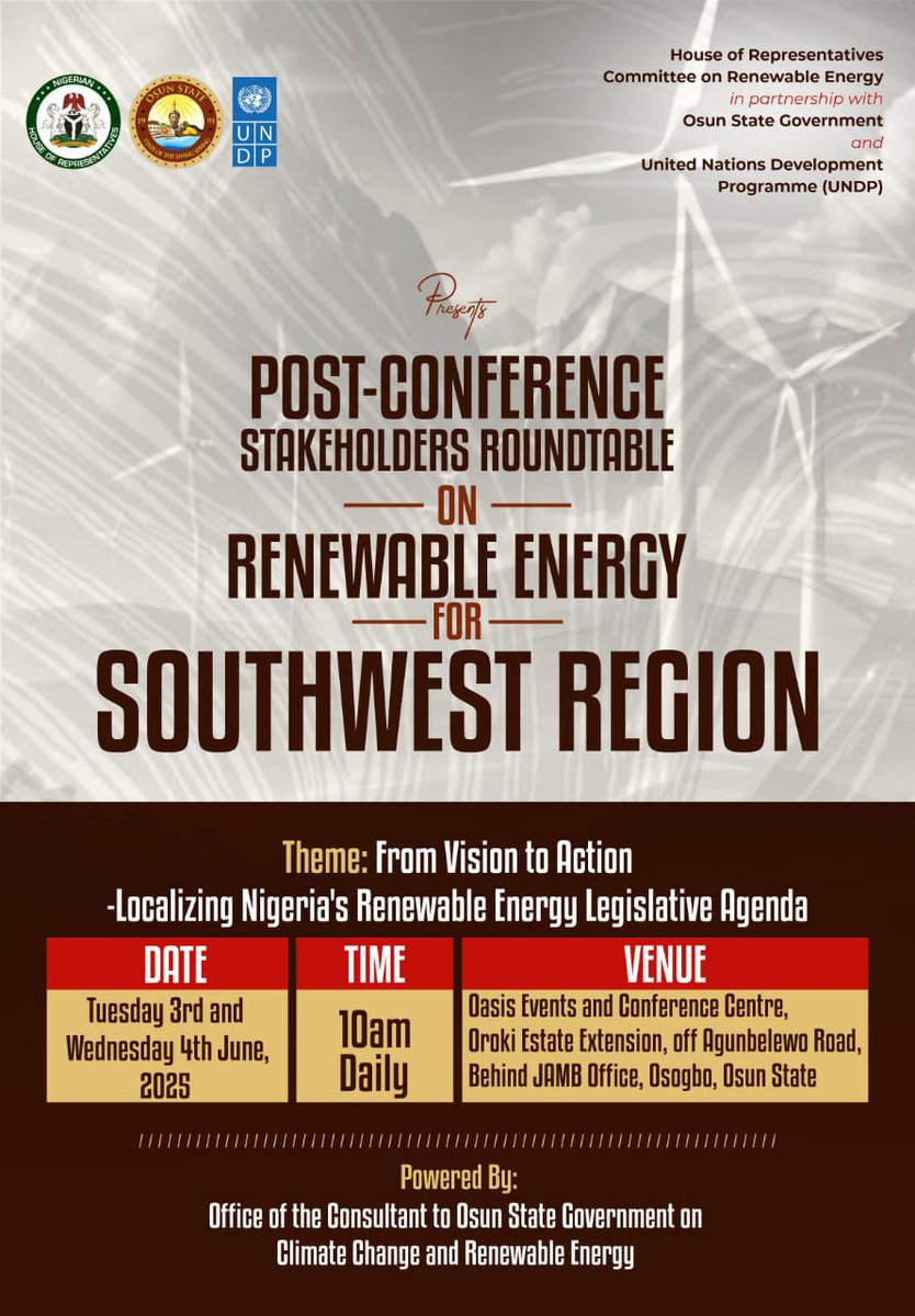 ossgclimate's tweet photo. We are 4 days away! 

THEME : From Vision to Action - Localizing Nigeria’s Renewable Energy Legislative Agenda.
DATE : 3rd &amp; 4th June, 2025
VENUE : Oasis Events and Conference Centre, Osogbo, Osun State.

#OsunClimateAction #RenewableEnergy #SustainableFuture
 #UNDP https://t.co/BN5400f1Vp