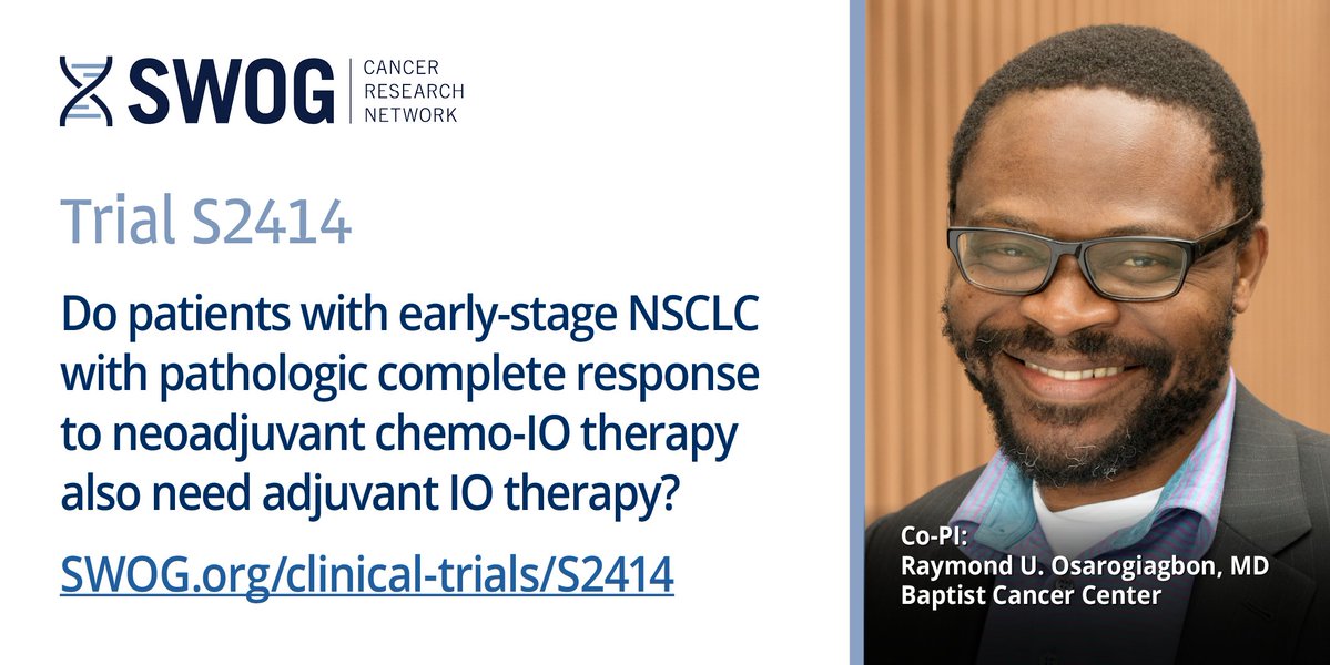 SWOG Cancer Research Network (@swog) on Twitter photo S2414 is the only early-stage #NSCLC trial testing whether adjuvant IO therapy provides added benefit when patients have already had pathCR to neoadjuvant chemo-immunotherapy.
Co-PI: <a href="/ROsarogiagbon/">Raymond Osarogiagbon, MBBS, FACP</a>
TM Chair: <a href="/BrunaPellini/">Bruna Pellini, MD</a> <a href="/MoffittNews/">Moffitt Cancer Center</a>
swog.org/clinical-trial… @theCTSU S2414 is the only early-stage #NSCLC trial testing whether adjuvant IO therapy provides added benefit when patients have already had pathCR to neoadjuvant chemo-immunotherapy.
Co-PI: <a href="/ROsarogiagbon/">Raymond Osarogiagbon, MBBS, FACP</a>
TM Chair: <a href="/BrunaPellini/">Bruna Pellini, MD</a> <a href="/MoffittNews/">Moffitt Cancer Center</a>
swog.org/clinical-trial… @theCTSU