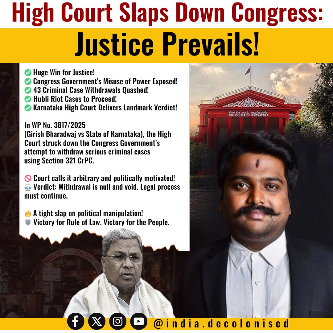Indiadecolns's tweet photo. High Court Slaps Down Congress: Justice Prevails! 

#bigfact #indiadecolonised #highcourtofkarnataka #congress #siddaramaiah 

Big Victory to @Girishvhp 

Follow @HinduWala_ https://t.co/3XP1MUfet9