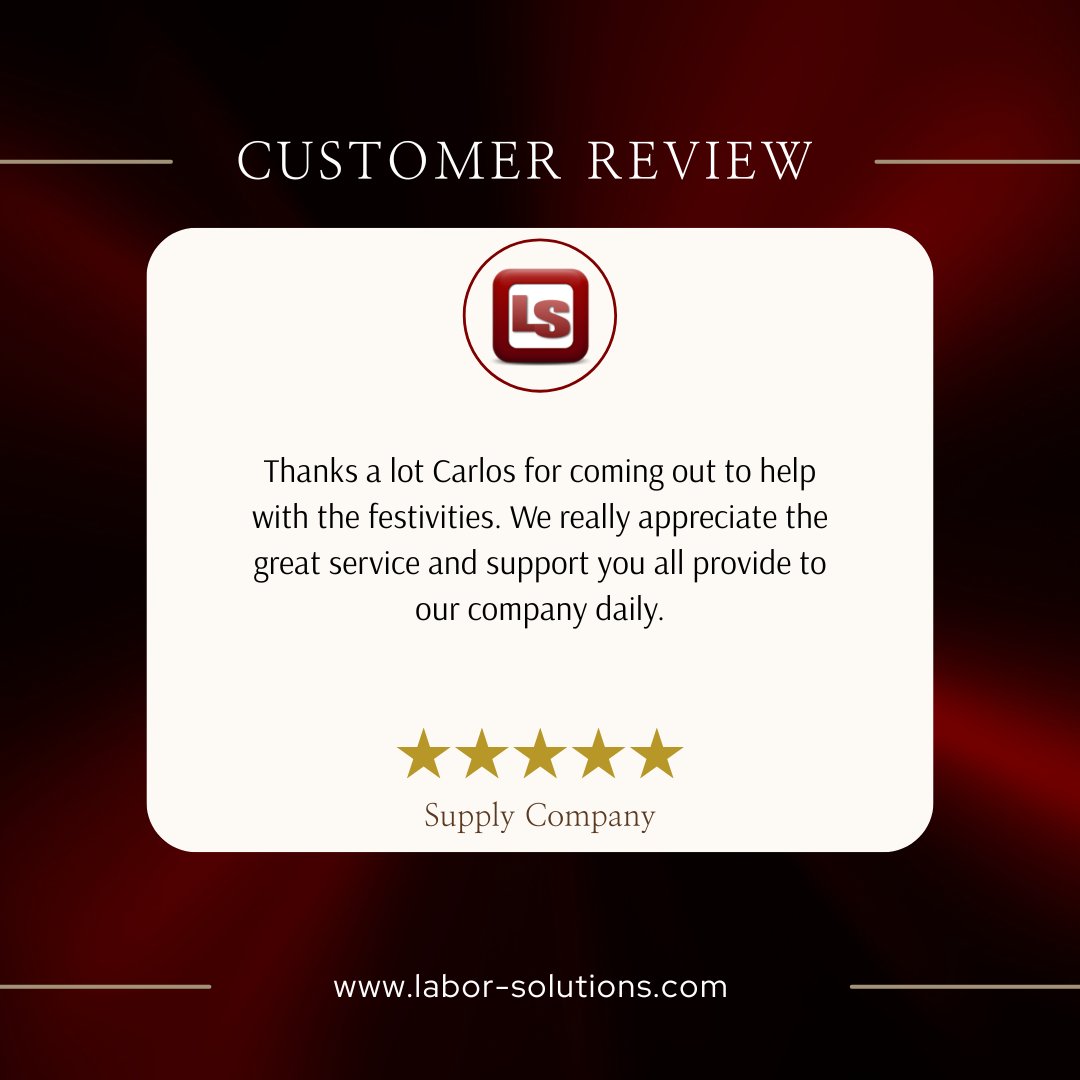 "...We really appreciate the great service and support you all provide to our company daily." - Customer Testimonial

Experience the Labor Solutions Difference Today:
labor-solutions.com/contact/ 

#LaborSolutions #FindTalent #StaffingIndustry