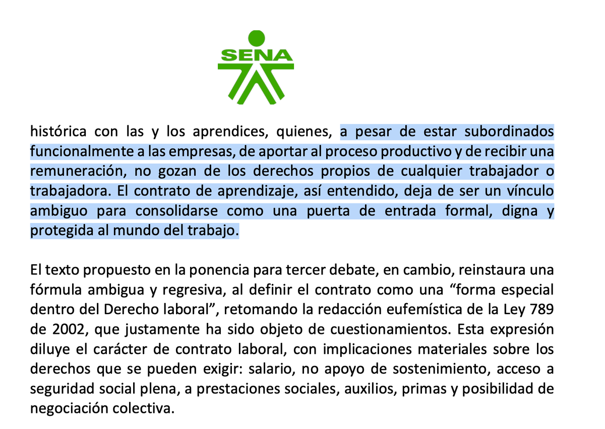 sindesenacol's tweet photo. 2.5. La naturaleza dela actividad de los aprendices es laboral. 

Concepto del mismo SENA para la Comisión IV

"El CLCA deja de ser un vínculo ambiguo para consolidarse como una puerta de entrada formal, digna y protegida al mundo del trabajo."

🧵 https://t.co/yIwlSMEbZY