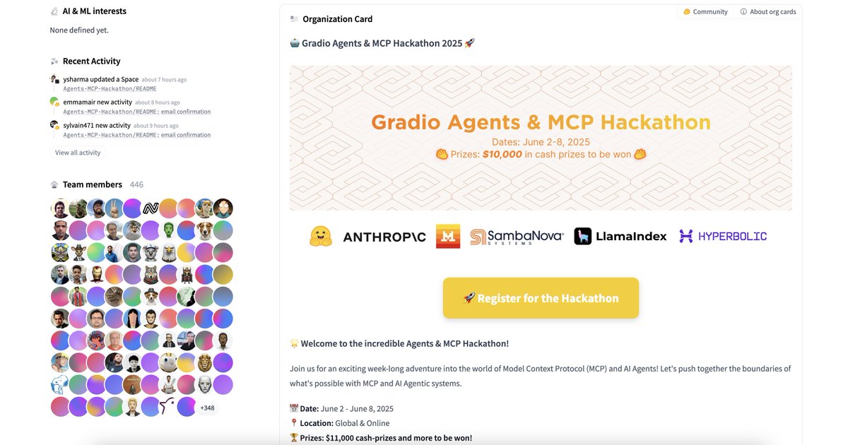 Hyperbolic (@hyperbolic_labs) on Twitter photo Join us June 2–8 for the Gradio Agents & MCP Hackathon hosted by <a href="/huggingface/">Hugging Face</a> <a href="/Gradio/">Gradio</a>
Build with us alongside <a href="/AnthropicAI/">Anthropic</a>, <a href="/SambaNovaAI/">SambaNova Systems</a>, <a href="/MistralAI/">Mistral AI</a>, and <a href="/llama_index/">LlamaIndex 🦙</a>
$11K in prizes. Free API credits for early signups:
> $15 from Hyperbolic (1,000 spots)
> $25 from Anthropic Join us June 2–8 for the Gradio Agents & MCP Hackathon hosted by <a href="/huggingface/">Hugging Face</a> <a href="/Gradio/">Gradio</a>
Build with us alongside <a href="/AnthropicAI/">Anthropic</a>, <a href="/SambaNovaAI/">SambaNova Systems</a>, <a href="/MistralAI/">Mistral AI</a>, and <a href="/llama_index/">LlamaIndex 🦙</a>
$11K in prizes. Free API credits for early signups:
> $15 from Hyperbolic (1,000 spots)
> $25 from Anthropic