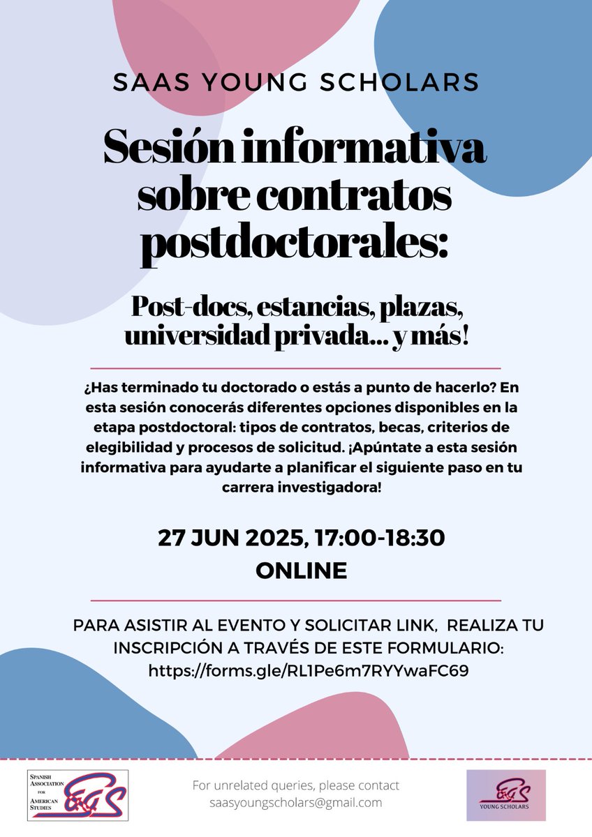 😍Nos hace mucha ilusión compartir nuestra próxima sesión informativa sobre contratos postdoctorales.
 📅 27 junio 2025 
🕔 17:00–18:30 (CET)
 📌Hablaremos sobre: tipos de contratos, procesos de solicitud, criterios de elegibilidad y más!
 🔗Inscripción: shorturl.at/F5fk4
