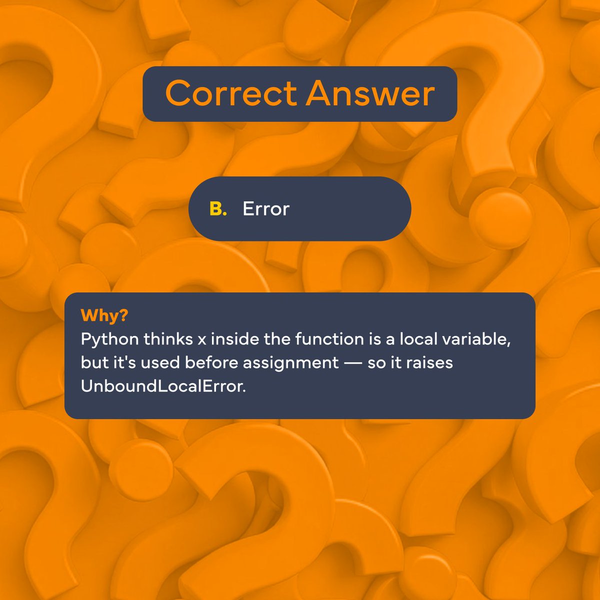 CodefinityCom's tweet image. 🚨 Python Quiz Time!

What will this code output? 👀
Look closely before you answer...
🧠 Comment your guess: A, B, C, or D!