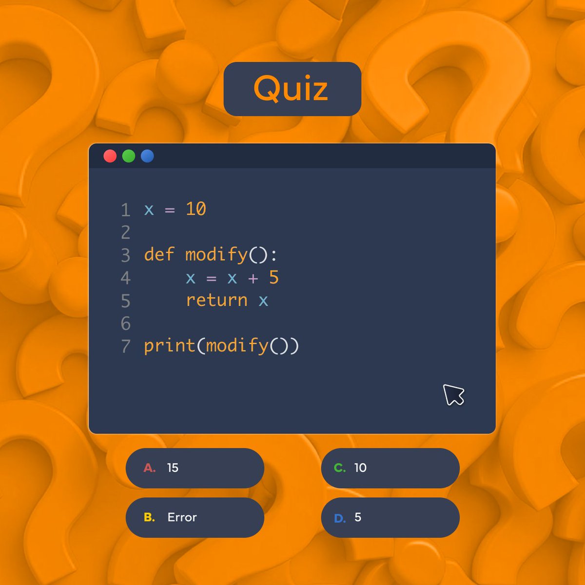 CodefinityCom's tweet image. 🚨 Python Quiz Time!

What will this code output? 👀
Look closely before you answer...
🧠 Comment your guess: A, B, C, or D!
