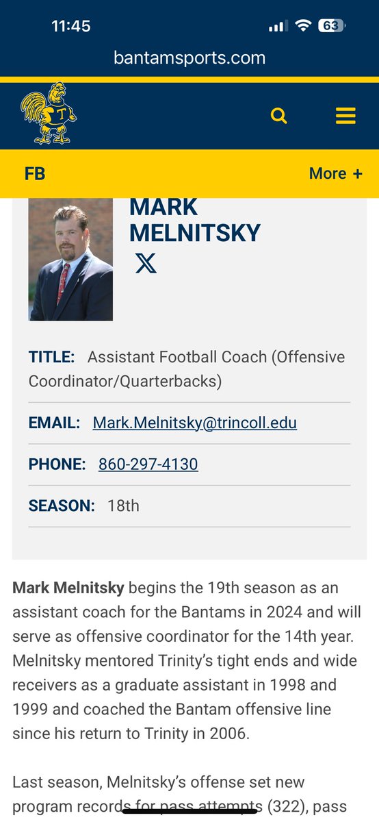 Mike Farrell (@mfarrellsports) on Twitter photo Here in CT everyone knows what a hidden gem <a href="/coachmelnitsky/">Mark Melnitsky</a> is.
<a href="/TrinCollFB/">Trinity College Football</a> <a href="/CoachDevanney/">Jeff Devanney</a> Here in CT everyone knows what a hidden gem <a href="/coachmelnitsky/">Mark Melnitsky</a> is.
<a href="/TrinCollFB/">Trinity College Football</a> <a href="/CoachDevanney/">Jeff Devanney</a>