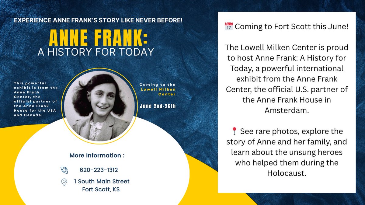 🕰 Open June 2–26
Mon–Fri: 10 AM–5 PM | Sat: 10 AM–4 PM | Closed Sunday
📍 1 S. Main Street, Fort Scott, KS
🎟 Free admission

Come experience one of history’s most moving stories—like never before.
#AnneFrankExhibit #UnsungHeroes #HolocaustEducation