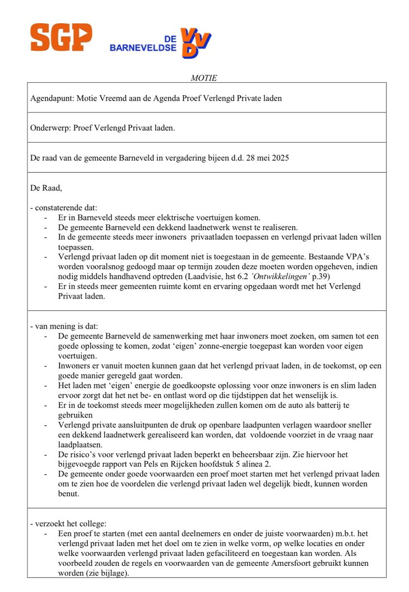 ✅ Op initiatief van <a href="/SGPBarneveld/">SGP Barneveld</a> en <a href="/VVDBarneveld/">De Barneveldse VVD</a> komt er een proef voor verlengd privaat laden in <a href="/BarneveldInfo/">Gemeente Barneveld</a>. Gisteren heeft de gemeenteraad in meerderheid ingestemd met het voorstel van <a href="/Elbert_Wijnne/">Elbert Wijnne</a>, <a href="/flier_arend/">Arend Flier</a> en mijzelf voor een proef. 💪🔋