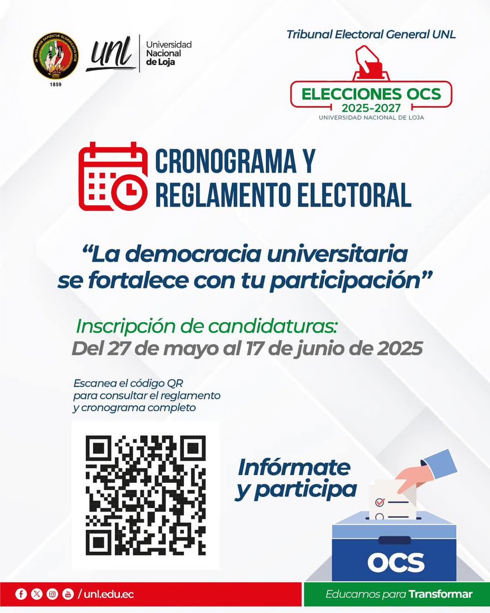 📢 ¡Atención comunidad #UNL!

Proceso democrático para elegir a los nuevos representantes ante el Órgano Colegiado Superior (OCS) 2025-2027. 🗳️

🔔 Inscripción de candidaturas:
🗓️ Del 27 de mayo al 17 de junio de 2025

📌 Consulta el cronograma completo y unl.edu.ec/elecciones2025