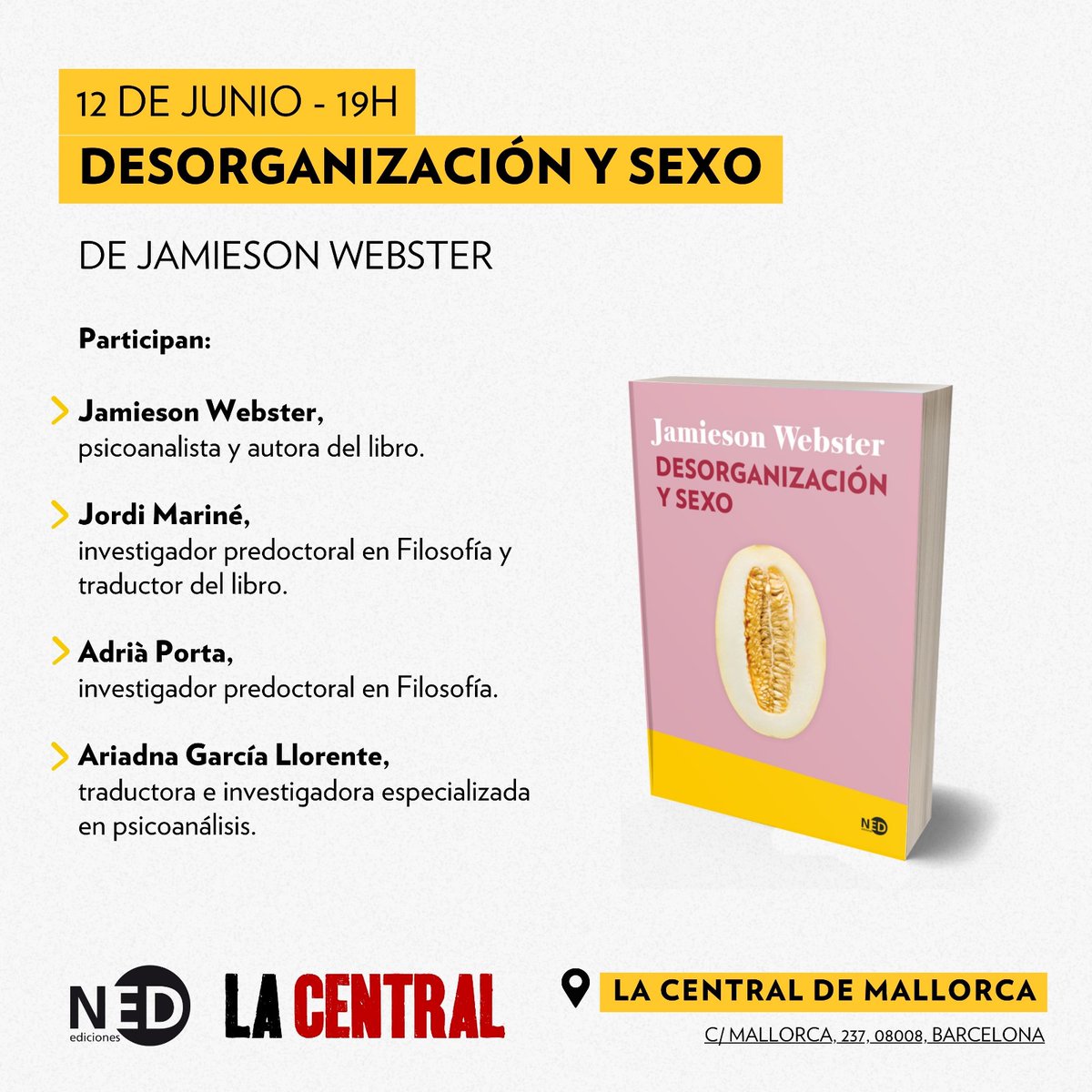 Jordi Mariné (@jordi_marine_) on Twitter photo El 12 de juny a les 19h a La Central es presenta "Desorganización y sexo" de la psicoanalista <a href="/jamiesonwebster/">jamieson webster</a>, un llibre que m'he passat cada racó dels últims mesos traduint. Hi seràn ella mateixa, l'<a href="/AdriaPortaC/">Adrià Porta Caballé</a> i l'Ariadna García Llorente. Veniu, valdrà molt la pena! El 12 de juny a les 19h a La Central es presenta "Desorganización y sexo" de la psicoanalista <a href="/jamiesonwebster/">jamieson webster</a>, un llibre que m'he passat cada racó dels últims mesos traduint. Hi seràn ella mateixa, l'<a href="/AdriaPortaC/">Adrià Porta Caballé</a> i l'Ariadna García Llorente. Veniu, valdrà molt la pena!
