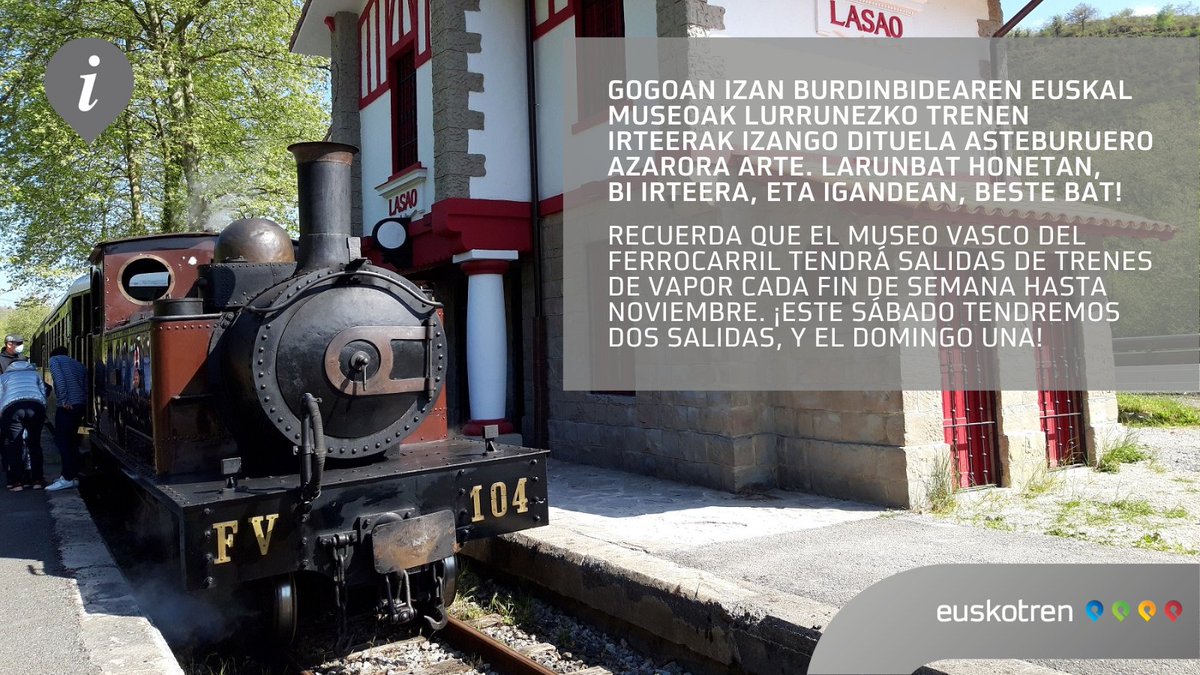 🚂 ¡Recuerda que el Museo Vasco del Ferrocarril tendrá salidas de trenes de vapor cada fin de semana hasta noviembre!

Aquí tienes las próximas:
⌚ 31 de mayo: 12:00 y 17:30 horas.
⌚ 1 de junio: 12:00 horas.

¡Consulta detalles aquí!
➡️ euskotren.eus/es/node/14398

#EuskotrenMuseoa