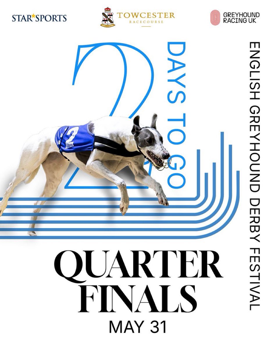 🐾 2 days until the English Greyhound Derby ¼ Finals! The excitement is building - join us for top-class racing and unforgettable moments!

🎟️ Book your spot now: tickets.greyhoundracinguk.com

#GreyhoundDerby #QuarterFinals #Towcester #RaceDayVibes