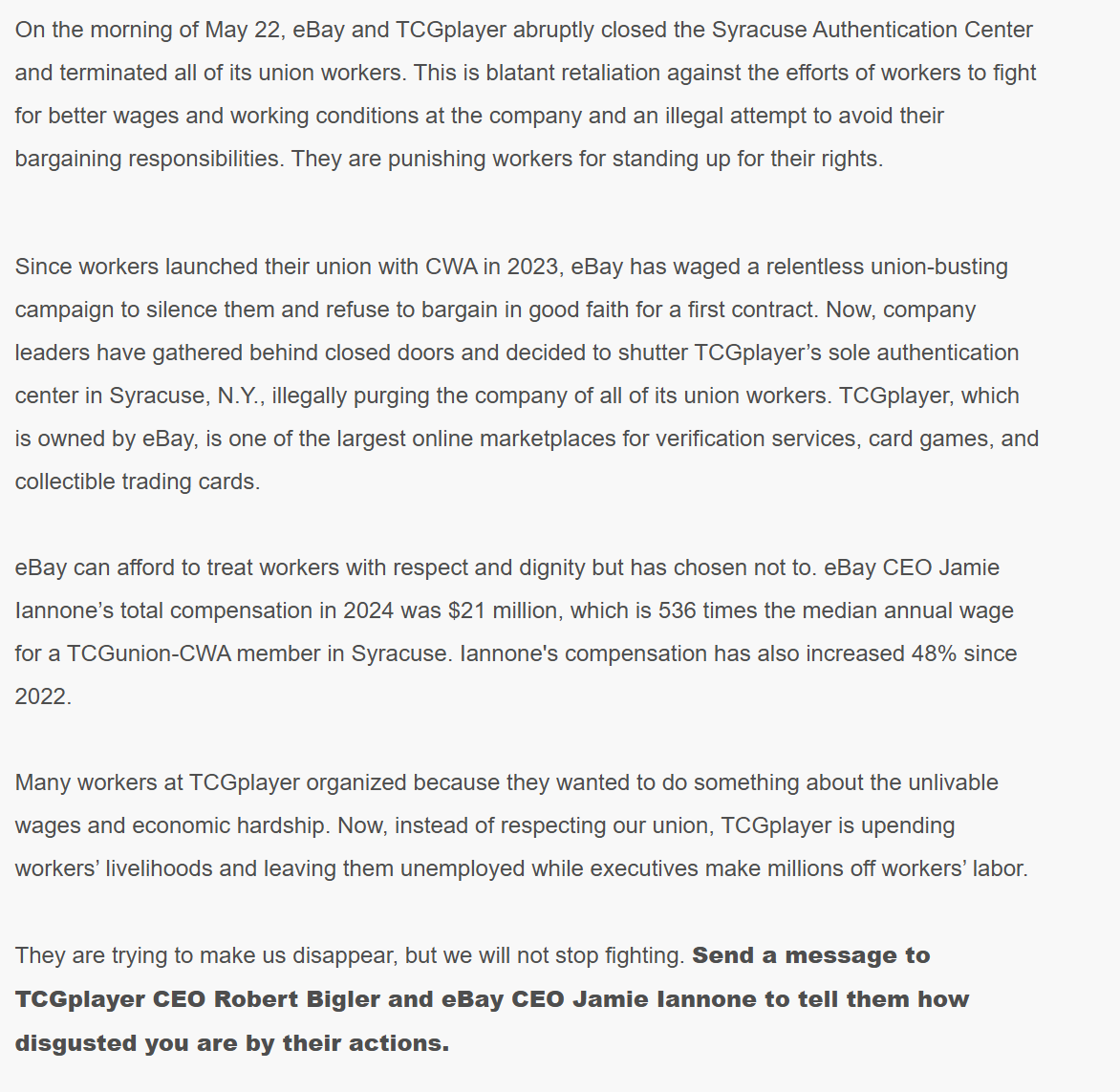 actionnetwork.org/letters/hold-t…

This cause is personal to me, as a Syracuse resident. TCGplayer/eBay are happy to crush this community underfoot, and its our responsibility to stand up to them.