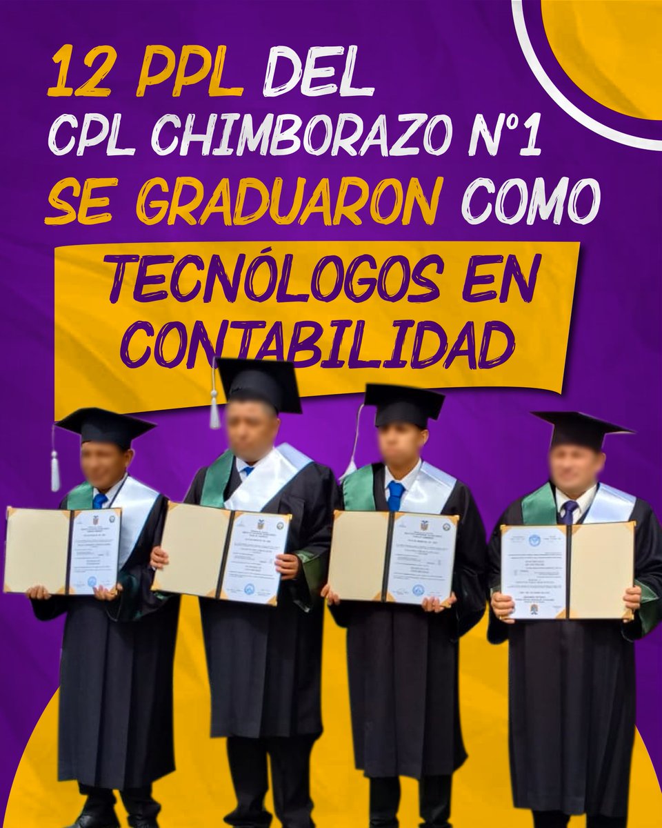 SNAI_Ec's tweet photo. 🎓#EjeEducativo | 12 #PPL del #CPLChimborazo N°1 se graduaron como Tecnólogos en Contabilidad. Esta primera promoción marca un hito en su proceso de rehabilitación social. Un logro histórico fruto de 4 semestres de estudio con apoyo del Instituto Superior Carlos Cisneros. https://t.co/fBpYksef7D