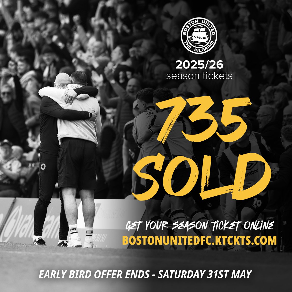 7⃣3⃣5⃣ Season Tickets sold so far! A fantastic start, thank you for your support Pilgrims. 

Just a reminder that our early bird discounted offer ends on Saturday, 31st May - the easiest way to purchase is online: bit.ly/3HhK5LN. You can also buy over the phone or by